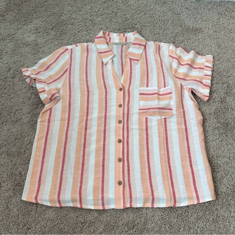 AnyBody Short Sleeve Button Front Linen Blend Camp Shirt Size S